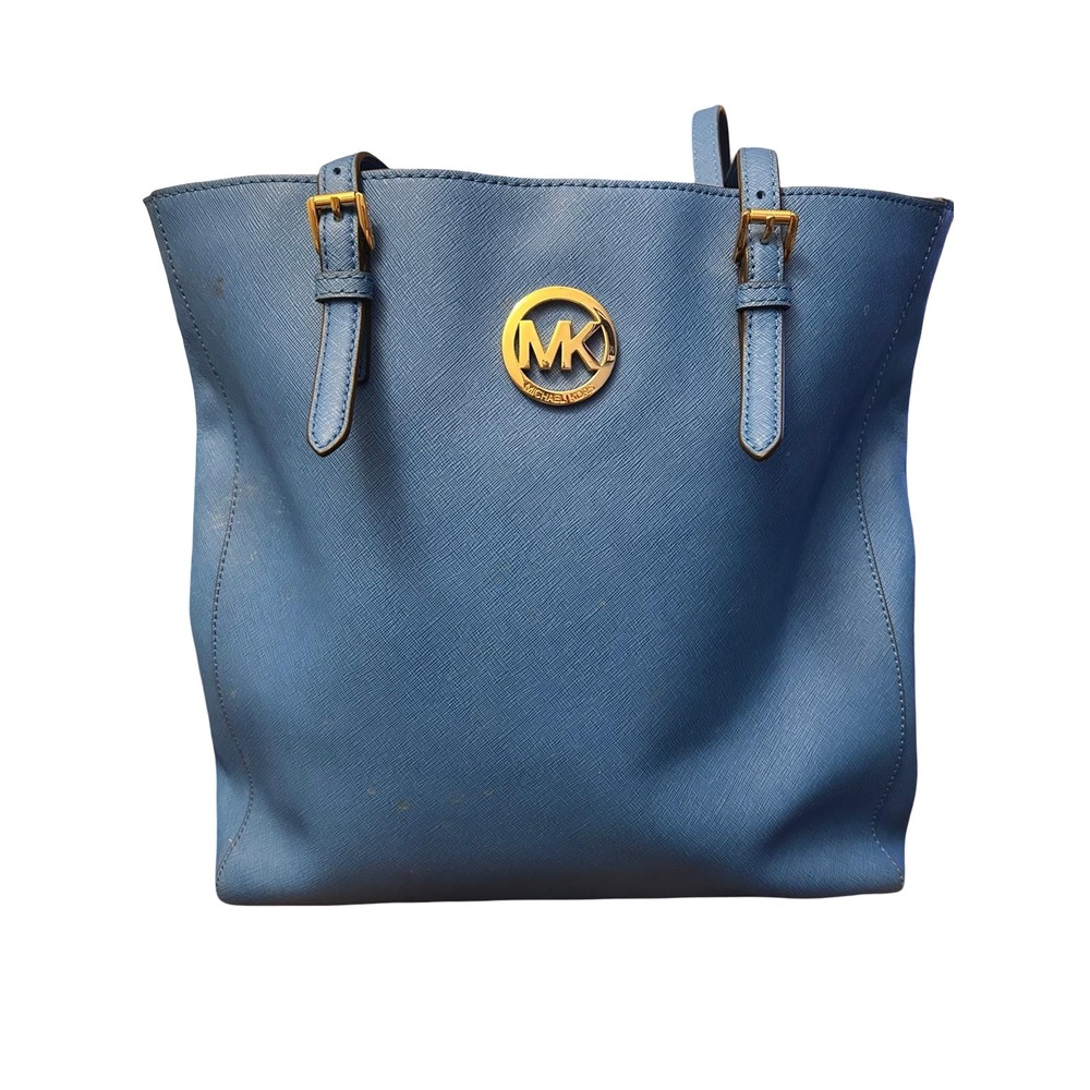 Michael Kors Blue Saffiano Leather Tote Bag Gold MK Logo Shoulder Bag